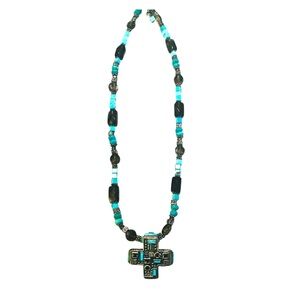 BARSE Vintage Southwestern Turquoise and Black Onyx Beaded Cross Necklace.
